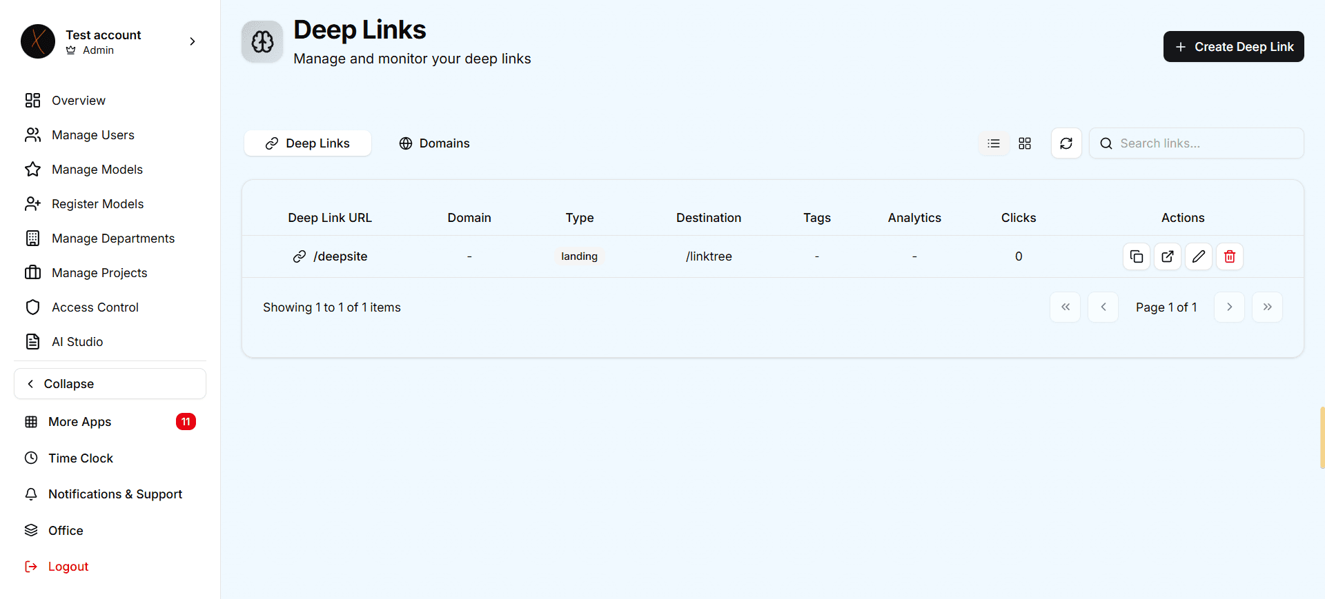 Deep link and funnel management dashboard