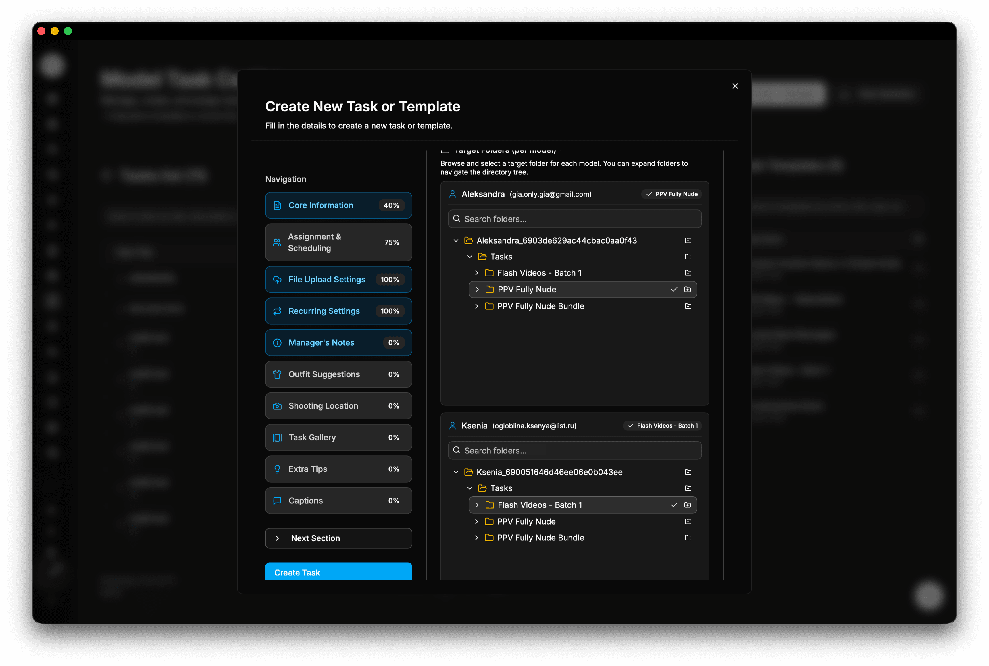 Xcelerator task creation workflow